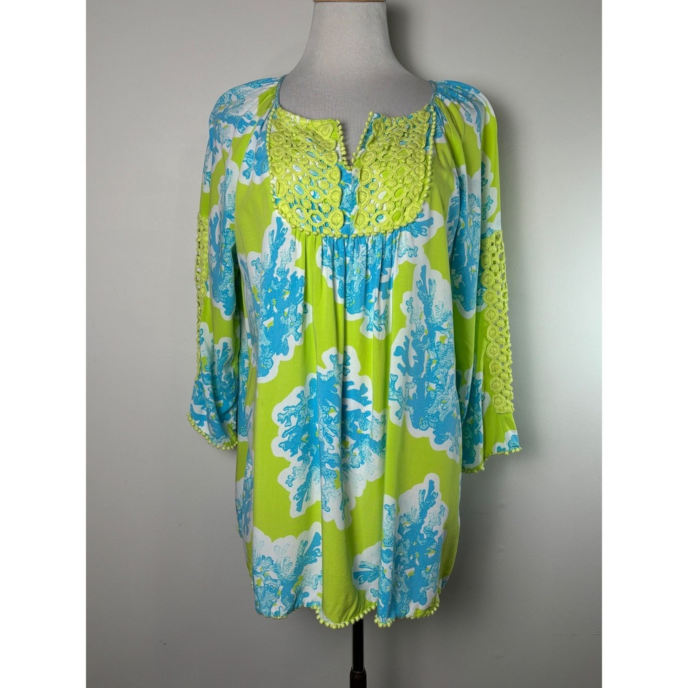 Crown & Ivy Women's Tropical Tunic Top‎ Large Coral Print Crochet Coastal Resort